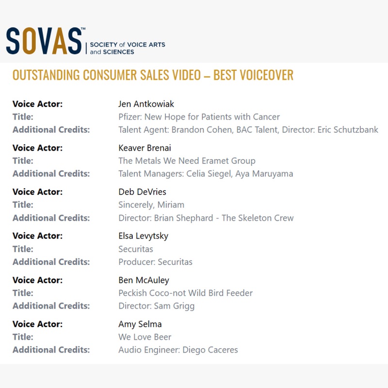 2024 Society of Voice Arts and Sciences Outstanding Consumer Sales Video - Best Voiceover